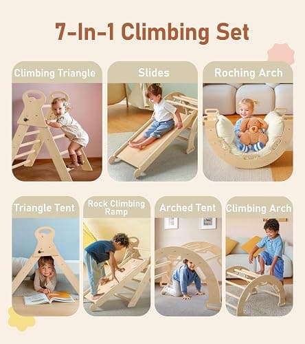 little dove Pikler Triangle Set with Cushion, 7-in-1 Foldable Toddler Climbing Toys Indoor, Toddler Jungle Gym Indoor with Ramp, Arch and Ladder, Montessori Climbing Set, Climbing Toys for 1-6, Wood thumbnail 3