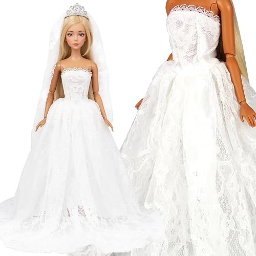 BARWA White Wedding Dress with Long Veil Evening Party Princess White Lace Gown Dress for 11.5 Inch Girl Doll thumbnail 6