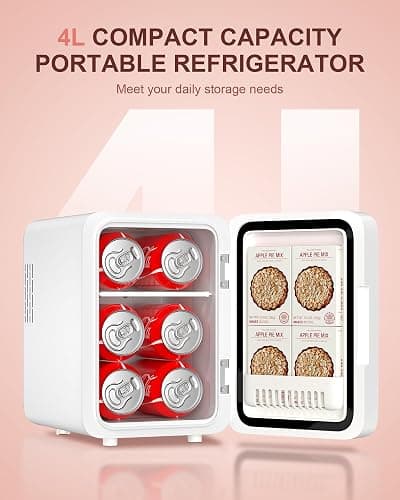 CUTIEWORLD Skincare Fridge with Dimmable LED Light Mirror, 4L Mini Fridge For Desktop, Travel or Cool & Heat, Makeup Fridge for Cosmetics, Skin Care and Food, White thumbnail 4
