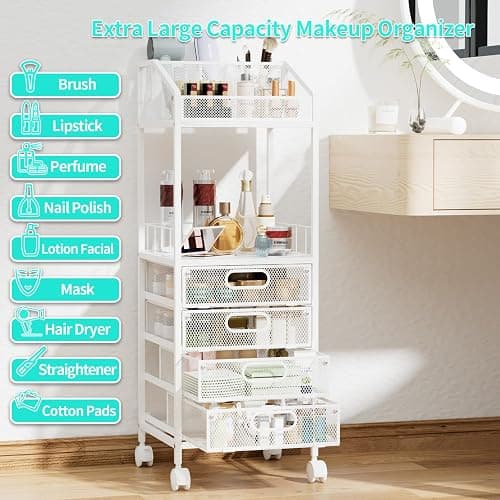HapiRm Makeup Organizer Storage Cart - Floor Skincare Make Up Storage with 4 Drawers, Rolling Makeup Cart Vanity Organizer Cosmetics Display Cases Holder for Skin Care Perfume Nail Polish thumbnail 6