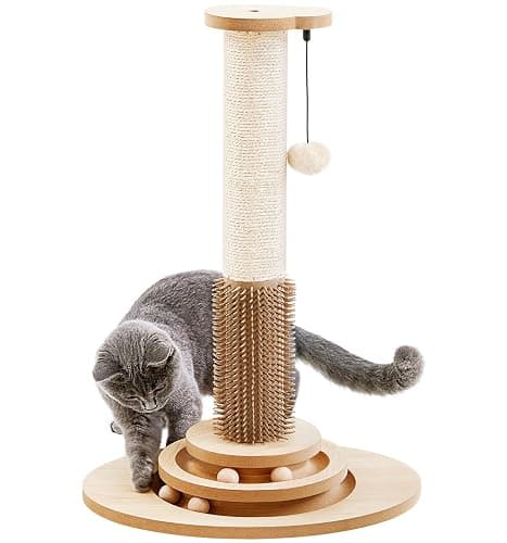 Made4Pets Cat Scratching Post, 23" Tall Sisal Cat Scratcher Post with Self Groomer, 4-in-1 Interactive Trackball Toys with Hair Brush, Vertical Cat Climbing Tree with Dangling Plush Balls - Image 1