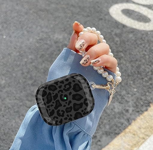 Olytop for Cute Glitter Airpods 4 Case 2024 with Cleaner Pen, Shell Pattern Apple Airpods iPod 4th Generation Case Cover Protective Skin Girl Women with Luxury Pearl Keychain, Black/Grey Leopard thumbnail 4
