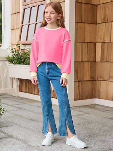 Haloumoning Girls Casual Crewneck Sweatshirts Long Sleeve Color Block Loose Fit Fall Cute Pullover Tops 5-14 Years thumbnail 5