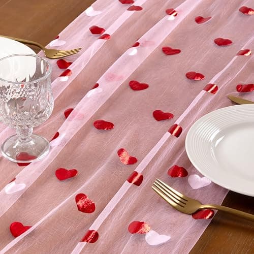 Gold Gauze Table Runner Red Heart Sheer Romantic Wedding Party Table Decor | Pink Sequin Glitter Metallic Foil 10FT Chiffon Cheesecloth Dining Wedding Birthday Baby Shower Holiday Decorations thumbnail 4