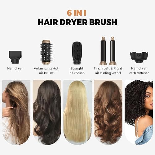 6 in 1 Hair Dryer Brush, Foldable Blow Dryer Brush with Air Styler Curler Wrap, Detachable Hot Air Brush Dry,Volumize, Straight,Curl, Negative Ion Brush Blow Dryer with Diffuser, Hair Styler Tools thumbnail 2