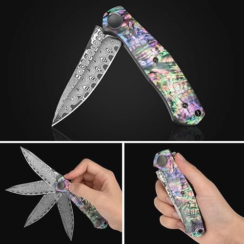 AUBEY Damascus Pocket Knife for Women Men, Sharp 3.23" Damascus Steel Blade Knife with Clip, EDC Hunting Knives with Abalone Shell Handle, Gift for Camping Outdoor thumbnail 8