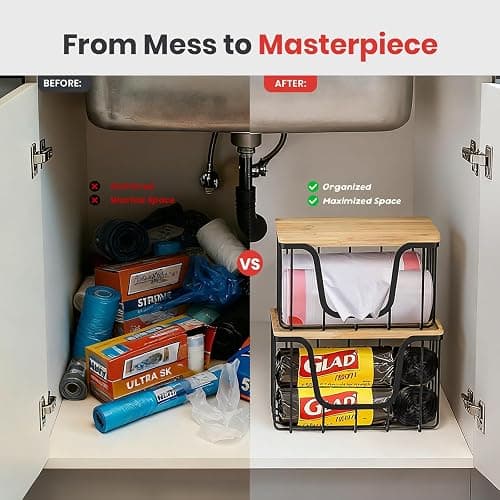 KONE Large Trash Bag Holder, 2 Pack Garbage Bag Dispenser, Storage Stackable Kitchen Organizer with Bamboo Top, Wall Mount Laundry Pantry Organization Black thumbnail 5