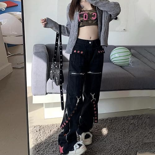 RILGOU Y2K Grunge Goth Vintage Casual High Waist Straight Wide Leg Zipper Red Star Straps Trim Jeans Cargo Pants thumbnail 2