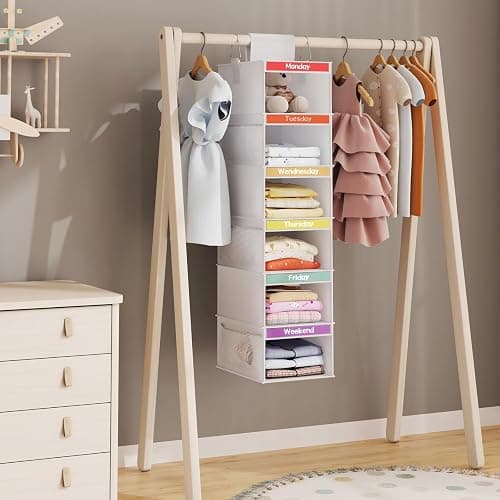 Fixwal 2 Pack 6-Shelf Weekly Hanging Closet Organizer for Kids, Kids Daily Clothes Organizers with 6 Side Pockets, Days of The Week Hanging Storage Shelves (White) - White thumbnail 2