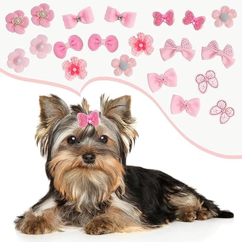 20Pcs Light Pink Small Dog Hair Bows Cute Puppy Dog Bowknot Hair Bow Bulk with Rubber Bands Elastic Lace Rhinestone Pearls Hair Ties Mix Style Handmade Flower Bow Dog Cat (Light Pink, Cute pattern) thumbnail 4