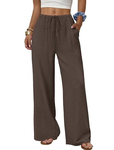Sampeel Wide Leg Pants for Women Flowy Palazzo Drawstring Elastic Waist Trousers with Pockets Summer Beach Vacation Clothes - Image 1