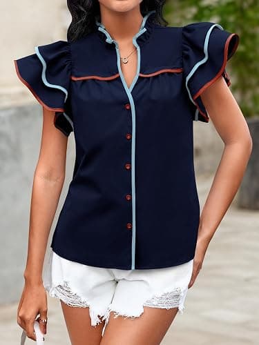 Tankaneo Womens Ruffle Short Sleeve Blouse V Neck Button Down Shirts Color Block Trendy Casual Tops thumbnail 4