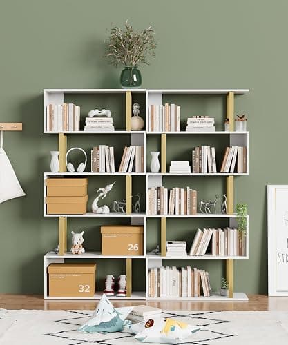 Gadroad 5 Tier Geometric Bookcase,S Shaped Bookshelf, Wood Decorative Storage Shelving, Modern Freestanding Display Shelves, Tall Book Shelf Unit for Living Room Bedroom, Gold thumbnail 2