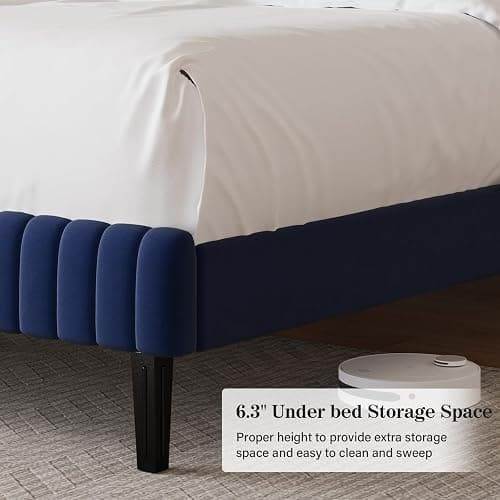 BarnFurin Twin Bed Frame/Velvet Upholstered Platform Bed with Adjustable Vertical Channel Tufted Headboard and Footboard/No Box Spring Required/Easy Assembly/Blue thumbnail 5