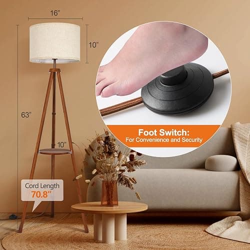 OUTON Tripod Floor Lamp with Shelves, Mid Century Dimmable Wood Floor Lamp with Remote Control, 4 Color Temperatures, Standing Tall Lamp with Linen Shade for Living Room, Bedroom, Office, Walnut thumbnail 4