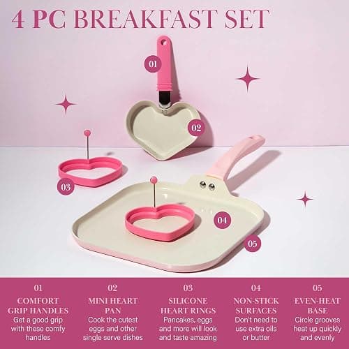 Paris Hilton Breakfast Ceramic Nonstick Cookware Set, Includes Square Griddle, Mini Heart Shaped Fry Pan and Two Silicone Heart Shaped Egg Rings, 4-Piece Set, Pink thumbnail 2