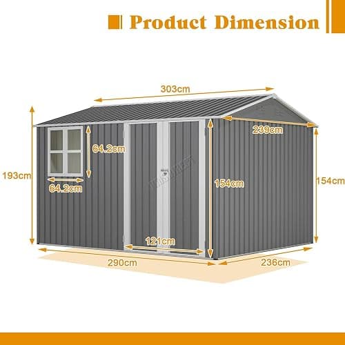 BIRCHTREE Garden Shed Steel Apex Roof House Outdoor Backyard Storage With Lockable Double Doors Window Free Foundation Tool Equipment Organizer Air Vents 10x8FT Grey thumbnail 2