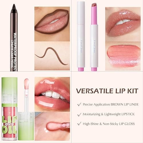 Wugbc Nourishing Lip Gloss Set with Brown Lip Liner, Hydrating Lip Kit Nude Pink Lipstick for Women Matte Lip Liner Pencil Moisturizing Lightweight Non Sticky Tinted Lip Click Balm Makeup thumbnail 3