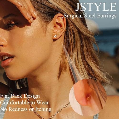 Jstyle Hypoallergenic 14K Gold Plated Flat Back Earrings for Women Men Surgical Stainless Steel Earrings for Sensitive Ears Small Stud Hoop Cartilage Earring Stack Set for Multiple Piercing Jewelry thumbnail 2