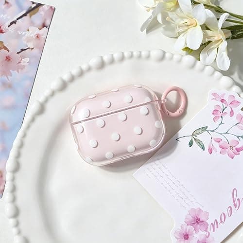 inewateri Compatible for AirPods Pro 2/Pro Case with Cleaner Kit, Cute Polka Dot Pattern Clear Aesthetics Trendy Design with Shell Keychain, Soft TPU Protective Cover for Girls Women-Pink thumbnail 5