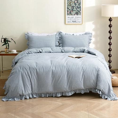 Silnuo Light Blue/White Gingham Plaid Ruffle Duvet Cover Set Full Size | 100% Washed Cotton 3 Pcs Vintage Checkered Chic Farmhouse Bedding Set Comforter Cover Set(Full,Light Blue/White) - Image 1