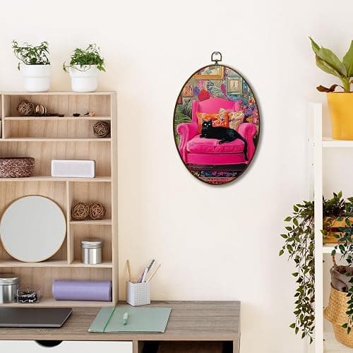JQF Vintage Preppy Cat Oval Wall Art, Funny Cat lovers Gifts, Retro Maximalist Oval Canvas Wall Art, Whimsical Animall Disco Framed Prints Hanging Decor for Reading Room Bedroom Home, 8.5x11.5 Inch thumbnail 2