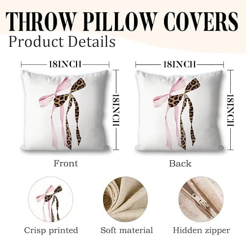 HESQFBH Cheetah Leopard Bow Pillow Covers, Cheetah Leopard Print Room Decor, Funky Preppy Leopard Billiards Decorative Throw Pillow Covers for Girls Dorm Apartment 18x18 Inch thumbnail 3
