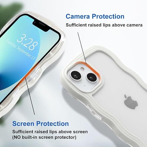 Anuck for iPhone 13 Case Wavy Edge Clear Back Design, Anti-Slip Grip Cute Wave Curly Frame Shape Shockproof Soft TPU & Hard Bumper Protective Phone Case Cover for Women Girls, White thumbnail 4