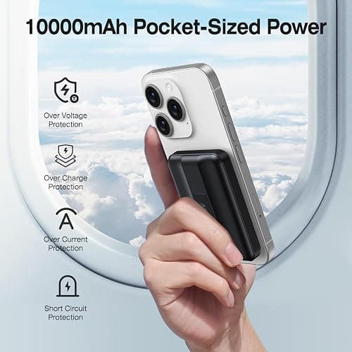 AOGUERBE for Mag-Safe Wireless Portable Charger, 10000mAh Magnetic Power Bank 22.5W Fast Charging,Mini Battery Pack with LED Display&Foldable Stand for iPhone 17/16/15/14/13/12 Series (Obsidian Black) thumbnail 5