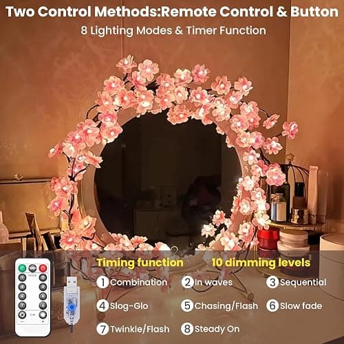 Cherry Blossom Tree Branch Lights for Wall,Cherry Enchanted Willow Vine Lights,with 48 LED and 8 Lighting Modes,Remote Timer,for Bedroom Wall Doors Windows Wedding Christmas Holiday (47inch) thumbnail 2