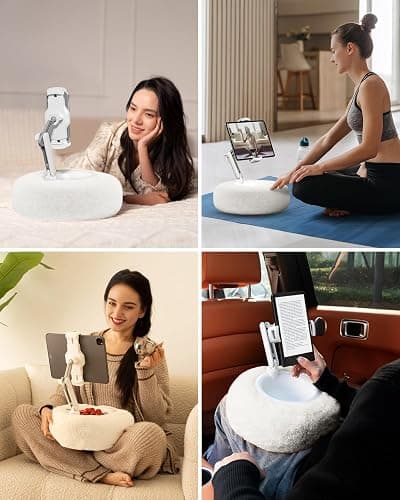 Viozon Tablet Stand Pillow, Compatible with 4.7"-13" Phone/Tablet, iPad, iPhone, Samsung, Google, Kindle, 360°Adjustable Phone Holder for Bed with Soft Plush Fabric, and Detachable Bowl, White thumbnail 2