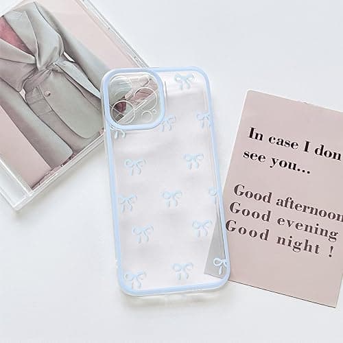 NITITOP Compatible with iPhone 13 Pro Case Cute Clear Durable Ribbon Bowknot Pattern for Girls Women Soft TPU Transparent Full Camera Lens Shockproof Protective Phone Cover - Blue thumbnail 3