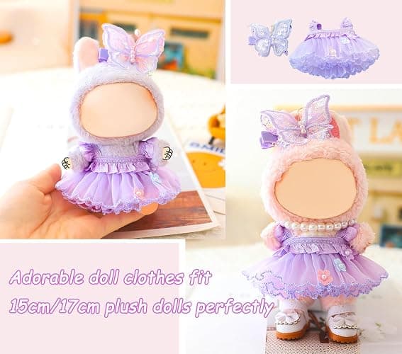 15cm 17cm Doll Clothes Set for Lububu, Purple Princess Dress Summer Outfit with Tulle Skirt, Hairpin & Pearl Necklace，Cute Clothing and Accessories Designer for 6.7 Inch Girl Dolls Display thumbnail 5