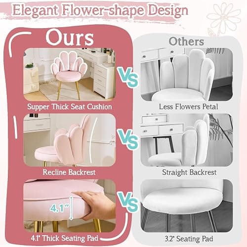 VINGLI Petal Makeup Vanity Chair with Back,Flower Cute Girls Desk Chair Comfy No Wheels,Modern Dining Chair,Small Accent Chair with Adustable Gold Legs&Bow Pillow for Home Office,Bedroom,Velvet,Pink thumbnail 3