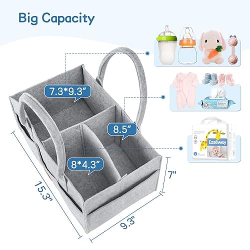 Maliton Diaper Caddy Organizer - Diaper Caddy for Baby Nursery Storage, Felt Diaper Organizer for Baby Stuff with Handle, 15" x 9" x 7" Portable Baby Basket Boy Girl Changing Table Organizer (Grey) thumbnail 3