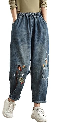 LAI MENG FIVE CATS Casual Women Loose Jeans Denim Pants Elastic Waist - Small - Blue C - Image 1