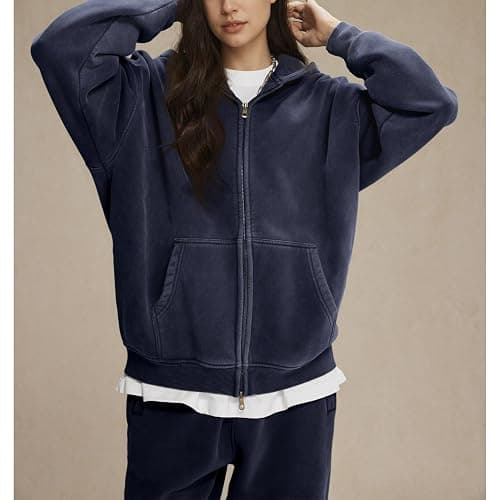 Talakeno Womens Double Zip Up Hoodies Oversized Heavyweight Fleece Sweatshirt Acid Wash Hoodie Vintage Distress Cotton Jacket thumbnail 8