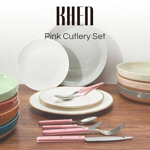 Khen Cutlery Set of 20 Pieces, 18/8 Stainless Steel Flatware, Modern Silverware for Home, Kitchen, Dining & Table Setting for 4, Dishwasher Safe, Lightweight & Ergonomic Design Gift - Pink thumbnail 6