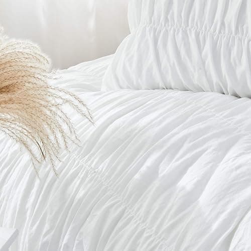 Bonlino Queen Comforter Set White Bedding - Ruched Comforter Queen Size Bed Set Boho Shabby Chic Bedding for Bedroom Comforter Fluffy 3 Piece Ruffle Comforter Set with Pillow White Soft thumbnail 4