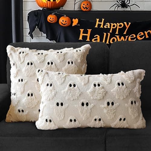4TH Emotion Halloween Ghost Decorative Pillow Covers 18x18 Set of 2, Beige Soft Plush Faux Fur Farmhouse Throw Cushion Cases for Fall Holiday Home Decorations thumbnail 4