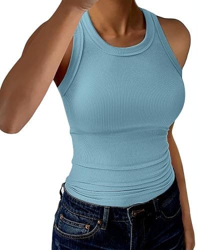 GKBK Womens Tank Tops High Neck Sleeveless Ribbed Tank Casual Basic Thick Strap Slim Fitted Racerback Shirts - Image 1