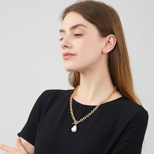 HUONGWIN Link Chain Toggle Clasp Baroque Pearl Necklace for Women 14k Gold Plated Charm Pendant Chunky Necklaces For Women Trendy thumbnail 4