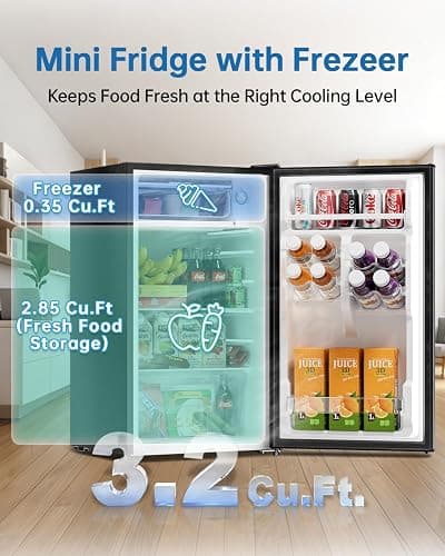 Frostorm 3.2 Cu Ft Mini Fridge with Freezer - Energy Efficient, Large Capacity Single Door Upright Freezer for Bedroom, Office & Dorm | Small Fridge, Reversible Door, ETL Certified(Black) thumbnail 3