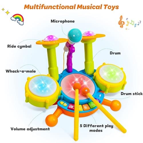 Kids Drum Set for Toddlers 1-3 Musical Baby Toys for 1 Year Old Boy Gifts Montessori Baby Girl Toys with Microphone Light Up Learning Toys Birthday Gifts for Infants 6 9 12 18 Months Toddler Age 1-2 thumbnail 4