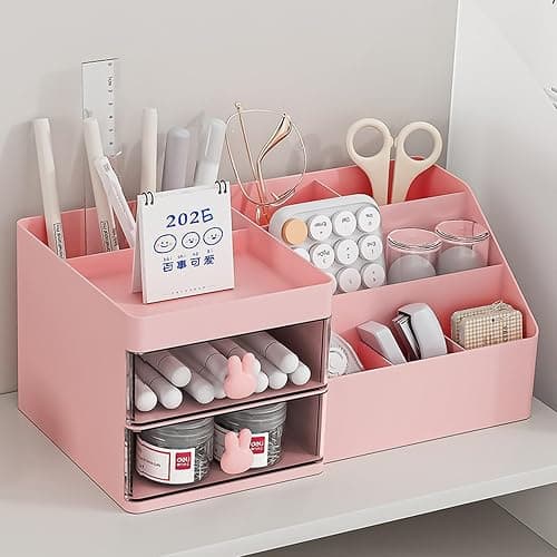 YUTAOWH Makeup Organizer with Drawers, Cosmetic Storage for Dresser Vanity and Bathroom Countertop, Beauty Holder for Lipstick Brush, Skincare Organizer for Brushes, Lotions, Lipstick (Pink) thumbnail 3
