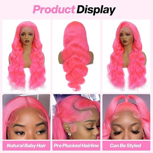 GHYK Pink 13x6 Lace Front Wigs Human Hair 200 Density HD Wear and Go Glueless Body Wave Lace Front Wigs Human Hair Pre Plucked Pre Cut Frontal Body Wave Wig for Women 30 Inch thumbnail 3