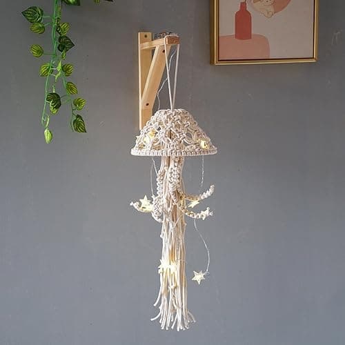 Macrame Wall Hanging,Jellyfish Dream Catcher with Star Lights,Bohemian Woven Wall Art Decor Beautiful Apartment Dorm Room Door Decoration (White) thumbnail 3