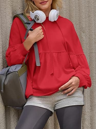 Fisoew Womens Oversized Hoodies Sweatshirts Casual Lantern Long Sleeve Drawstring Peplum Hem Loose Hooded Pullover Tops thumbnail 5