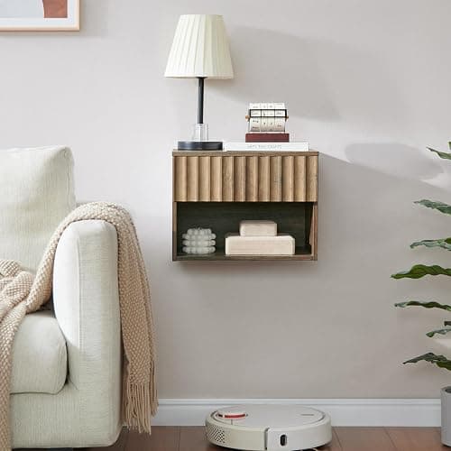 BuildHom Floating Nightstand with Fluted Drawer - Modern Wall Mounted Bedside Table with Open Storage Shelf, Small Night Stand TV Stand for Bedroom(Rustic Brown, Set of 2) thumbnail 7