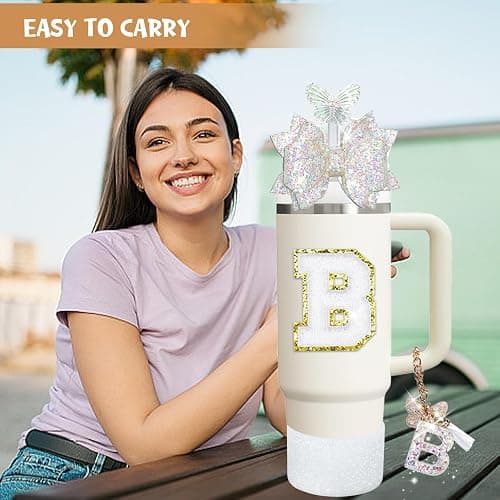 Liangang 7PCS White Cup Accessories Set For Stanley 30oz 40oz,Including Boot,Spill Proof Stopper,Butterfly Straw Cover,Sticker Letter,Letter Charms (white B) thumbnail 7